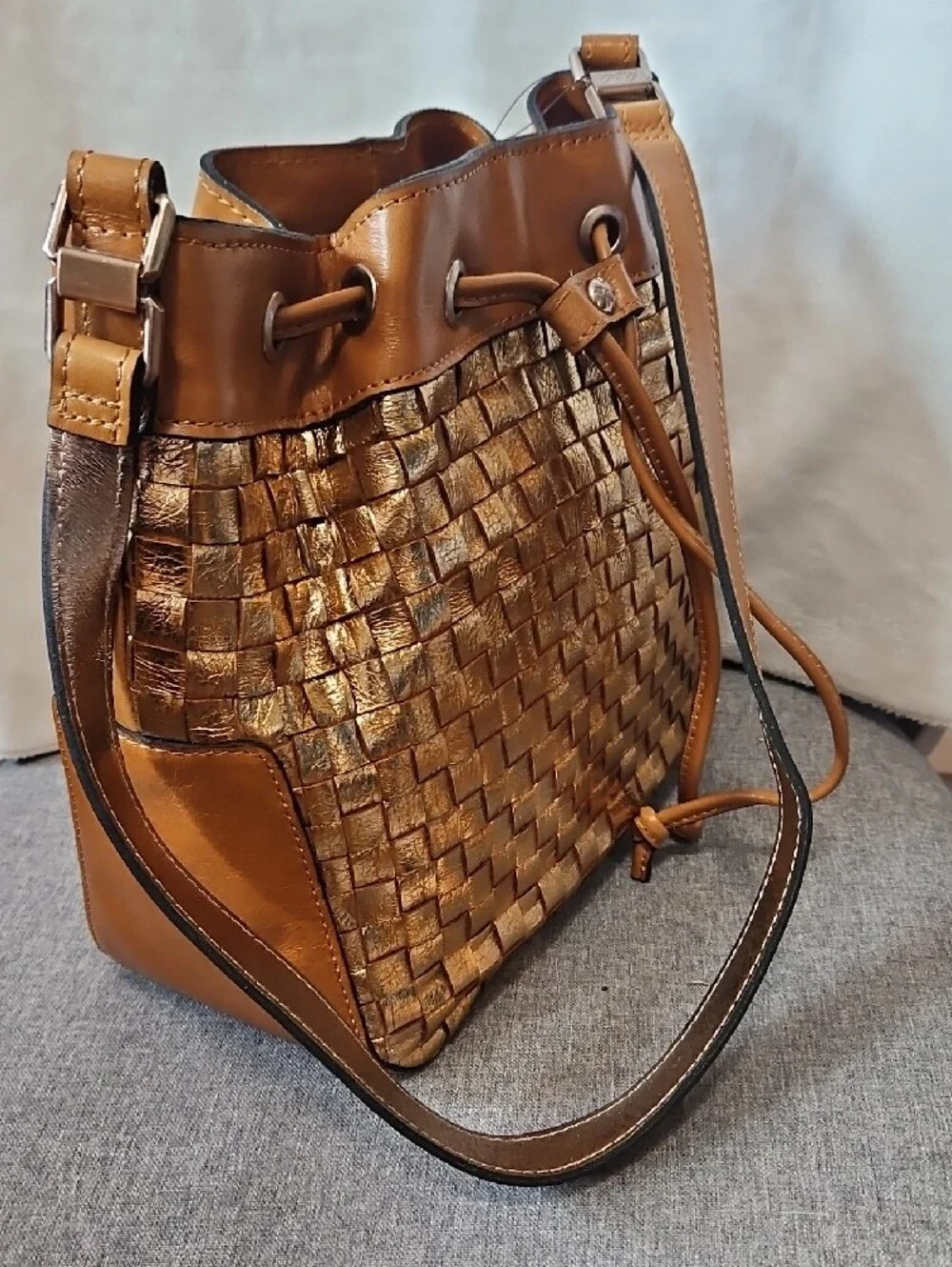 Patricia Nash Metallic Gold Woven Drawstring Hobo Bah NWT